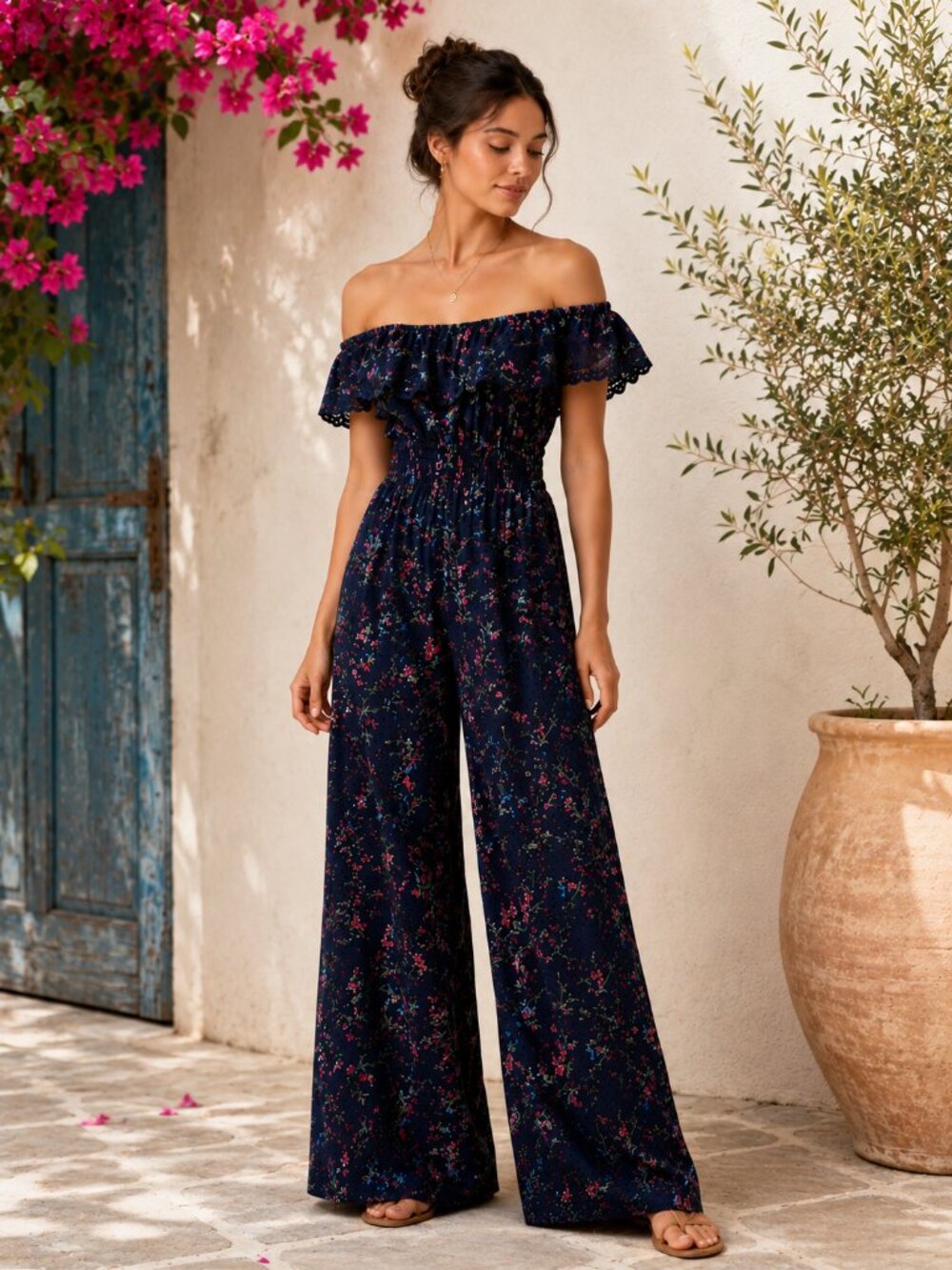 Paloma Blue Navy Blue Floral Silk Eyelet Off Shoulder Wide Leg Jumpsuit Sz M